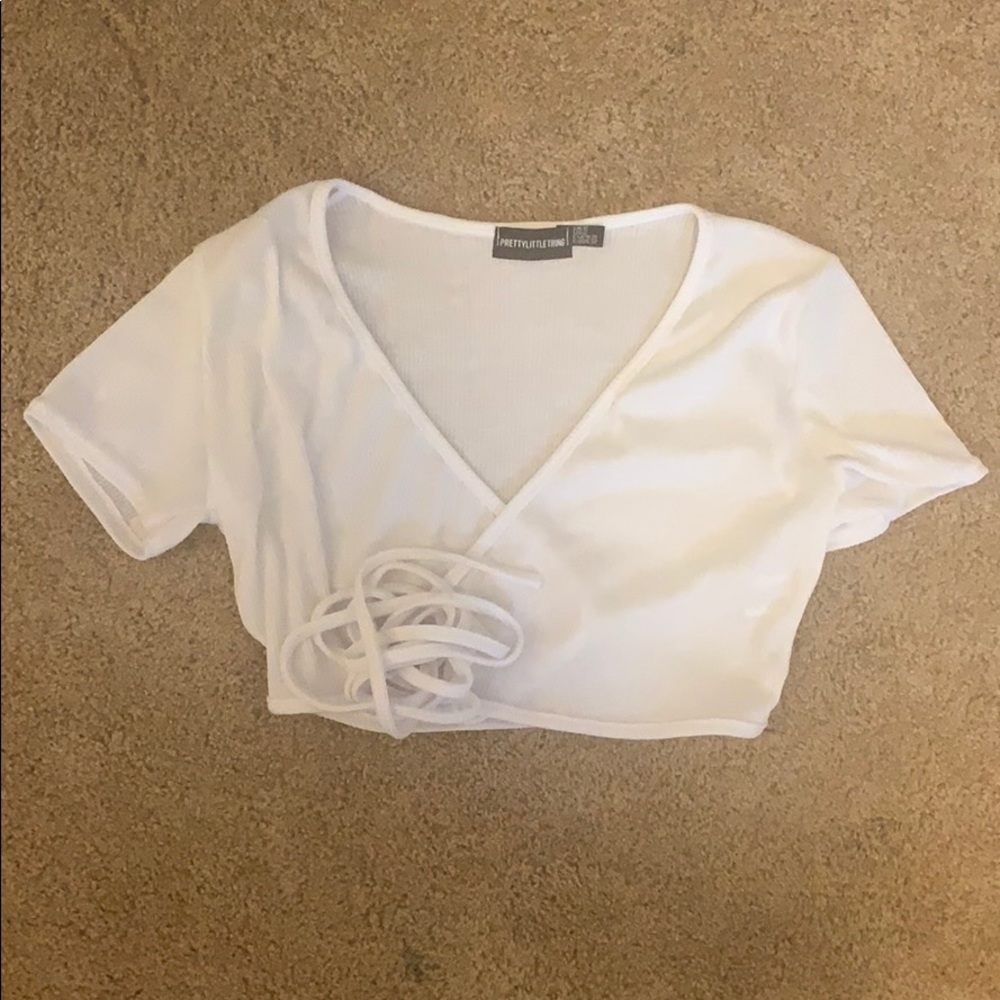 PrettyLittleThing Ribbed White Wrap Top